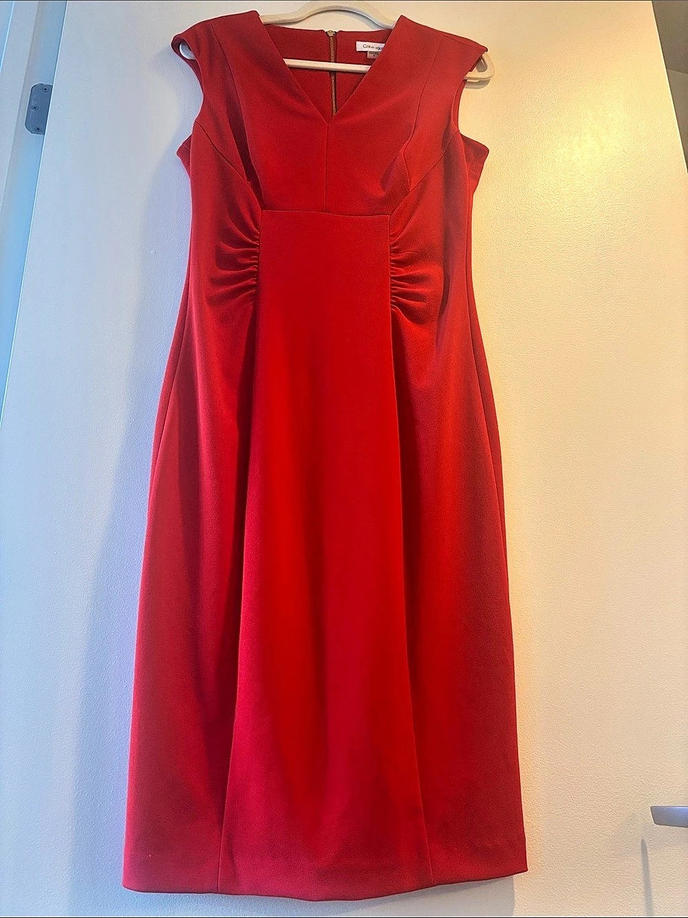 Calvin Klein Red Sleeveless Sheath Dress With Gold Zip Size 8
